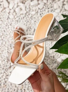 Glamorous Silver Mule Sandals For Women, Rhinestone Decor Chunky Heeled Sandals - White - View 2
