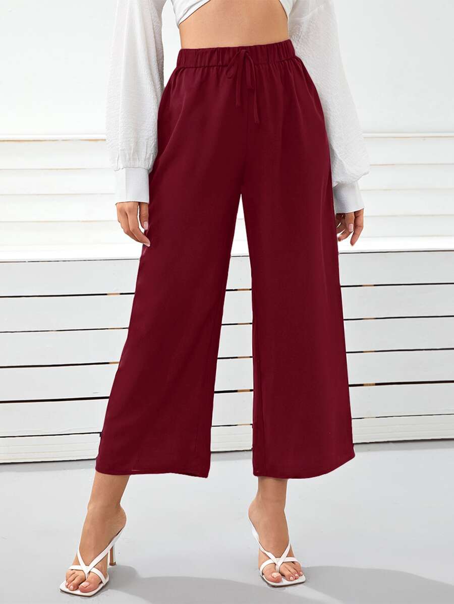 SHEIN Frenchy Wide Leg Cropped Trousers - Maroon - View 1