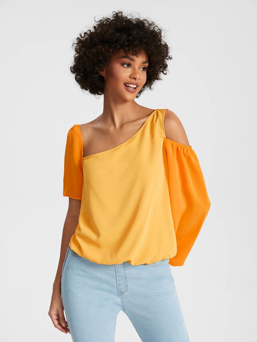 CreativiTita Colourblock Asymmetrical Neck Cut Out Shoulder Top - Multicolor - View 1