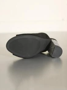 Women Peep Toe Chunky Heeled Sandals, Elegant Black Fabric Mule Sandals - Black - View 4