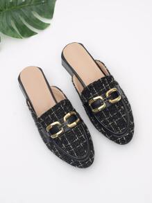 Plaid Pattern Metal Decor Flat Mules - Black - View 1