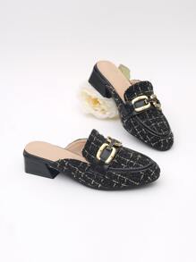 Plaid Pattern Metal Decor Flat Mules - Black - View 2