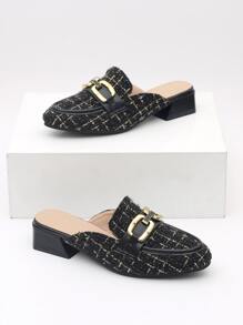 Plaid Pattern Metal Decor Flat Mules - Black - View 5