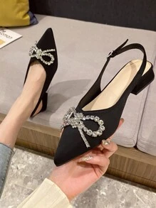 Rhinestone & Bow Decor Point Toe Slingback Flats - Black - View 2