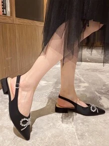 Rhinestone & Bow Decor Point Toe Slingback Flats - Black - View 3