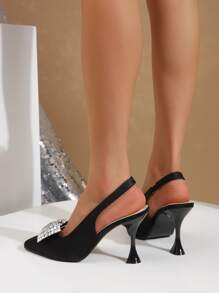 Rhinestone & Bow Decor Point Toe Pyramid Heeled Slingback Satin Pumps - Black - View 2