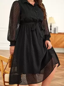 SHEIN Frenchy Plus Swiss Dot Belted Shirt Dress