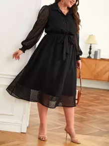 SHEIN Frenchy Plus Swiss Dot Belted Shirt Dress