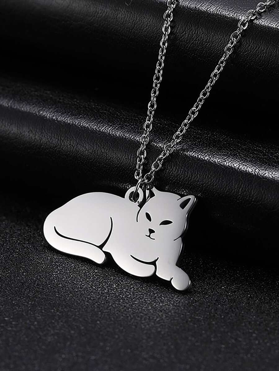 1入組卡通貓吊墜項鍊,不銹鋼首飾類 - 銀色 - 查看 1