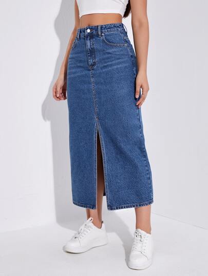 SHEIN EZwear 高腰開衩牛仔半身裙