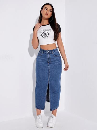 SHEIN EZwear 高腰開衩牛仔半身裙
