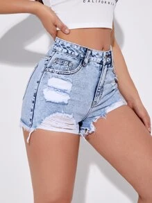 SHEIN EZwear Quần short denim nữ Nút Túi Hem thô Bị tách Dây kéo màu trơn - Rửa nhẹ - Xem 1