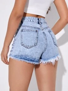 SHEIN EZwear Quần short denim nữ Nút Túi Hem thô Bị tách Dây kéo màu trơn - Rửa nhẹ - Xem 2