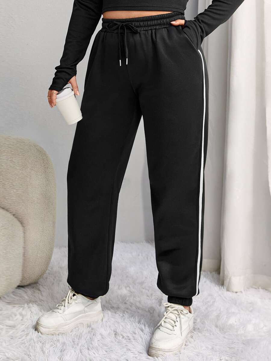 SHEIN EZwear Plus Contrast Tape Drawstring Waist Joggers - Black - View 1
