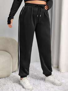SHEIN EZwear Plus Contrast Tape Drawstring Waist Joggers - Black - View 3