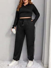 SHEIN EZwear Plus Contrast Tape Drawstring Waist Joggers - Black - View 5