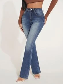 SHEIN PETITE High Waist Bleach Wash Flare Leg Jeans - Dark Wash - View 1