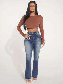 SHEIN PETITE High Waist Bleach Wash Flare Leg Jeans - Dark Wash - View 4