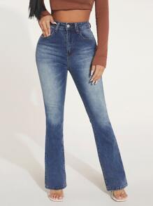 SHEIN PETITE High Waist Bleach Wash Flare Leg Jeans - Dark Wash - View 5