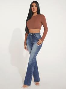 SHEIN PETITE High Waist Bleach Wash Flare Leg Jeans - Dark Wash - View 6