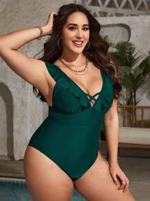 Bañador una pieza ribete con fruncido con tira cruzada fruncido lateral - Verde Oscuro - Ver 4