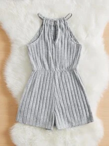SHEIN 女孩後鎖孔條紋針織繞頸連體短褲 - 淺灰色 - 查看 2