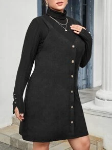 SHEIN EZwear Plus Button Front Ribbed Knit Pinafore Dress Without Top