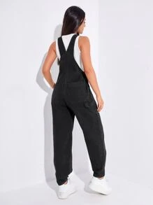 Slant Pocket Denim Dungarees Without Tube - Black - View 2