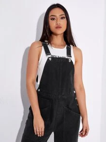 Slant Pocket Denim Dungarees Without Tube - Black - View 5