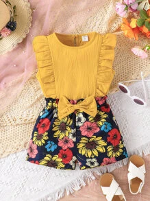 SHEIN Toddler Girls Ruffle Trim Tank Top With Floral Print Bow Front Shorts - Multicolor - View 1