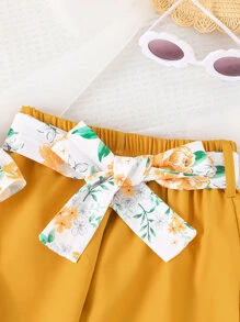 Toddler Girls Floral Print Cold Shoulder Ruffle Trim Top & Belted Trousers - Multicolor - View 4