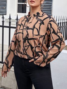 SHEIN Clasi Blusa con estampado de cuello de muesca - Caqui - Ver 3