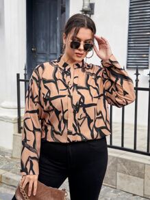 SHEIN Clasi Blusa con estampado de cuello de muesca - Caqui - Ver 4