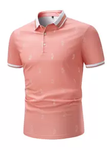Manfinity Men Allover Print Striped Trim Polo Shirt - Coral Pink - View 1