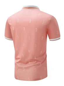 Manfinity Men Allover Print Striped Trim Polo Shirt - Coral Pink - View 2