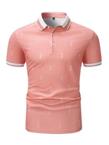 Manfinity Men Allover Print Striped Trim Polo Shirt - Coral Pink - View 3