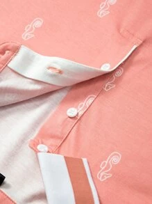 Manfinity Men Allover Print Striped Trim Polo Shirt - Coral Pink - View 4
