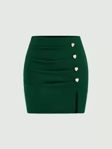 SHEIN MOD 前紐扣開衩短裙 - 墨綠色 - 查看 1