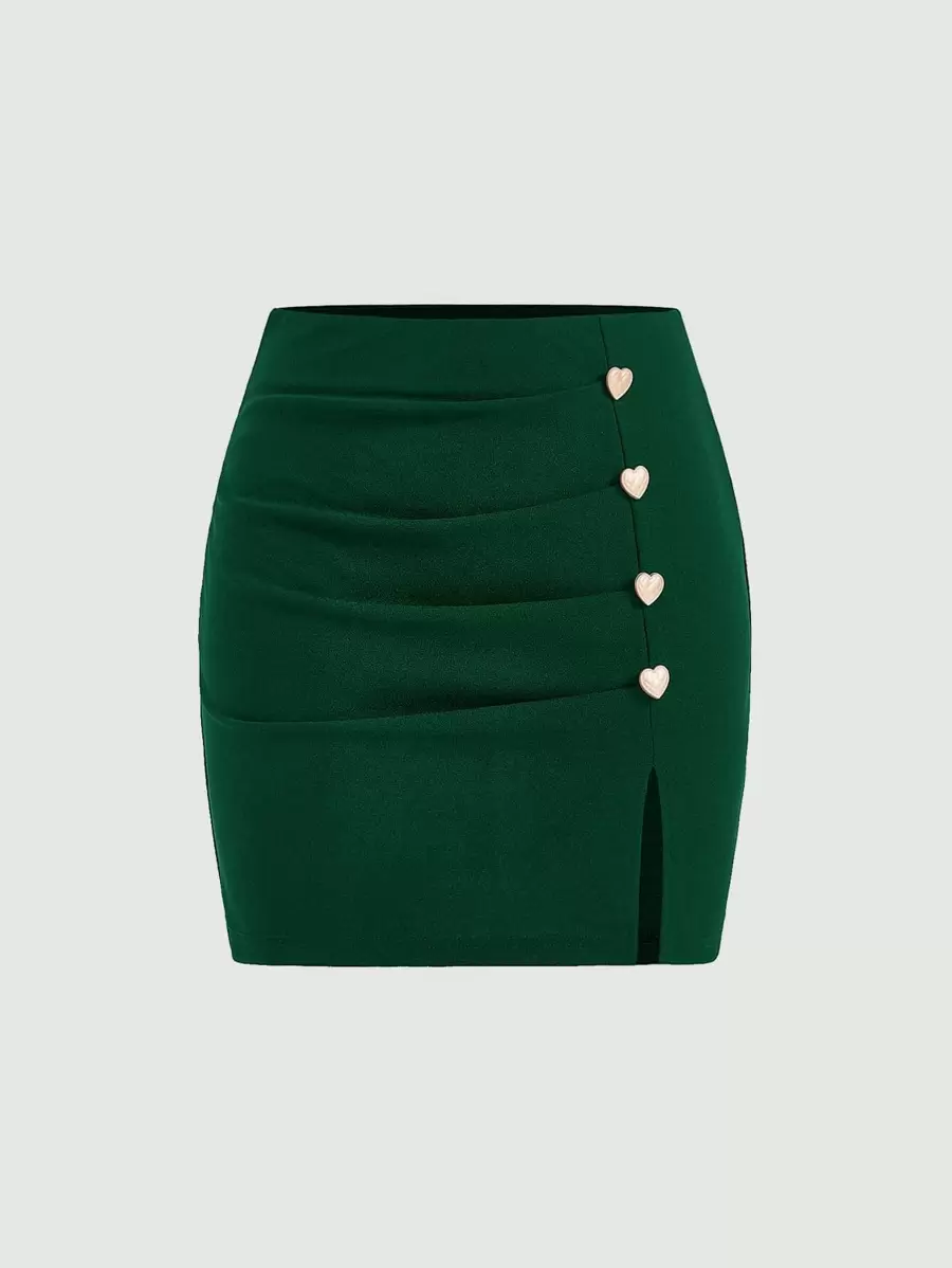 SHEIN MOD 前紐扣開衩短裙 - 墨綠色 - 查看 1