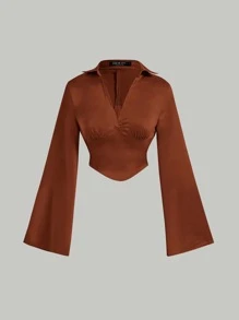 SHEIN MOD Solid Satin Asymmetrical Hem Crop Blouse - Coffee Brown - View 1