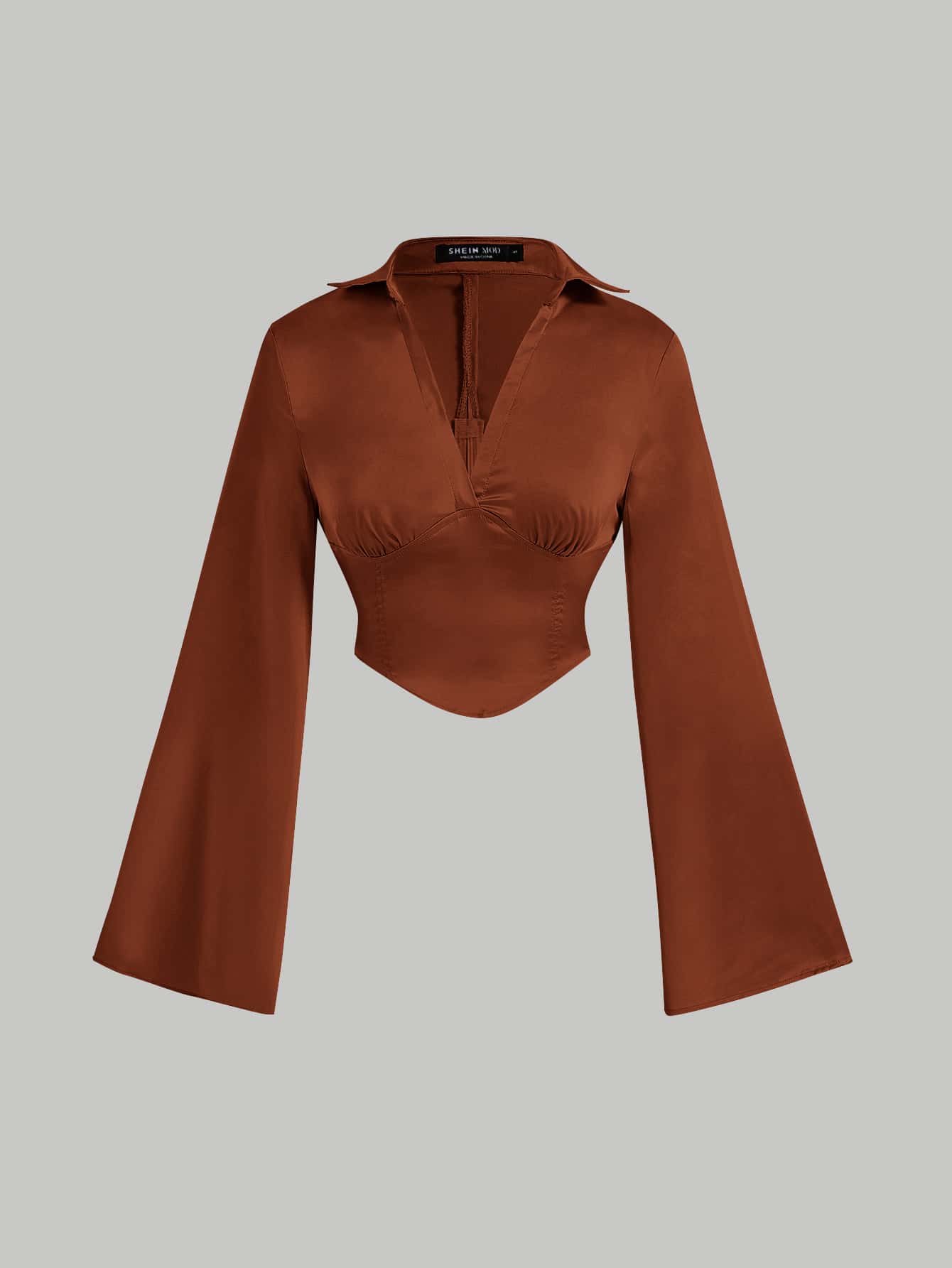 SHEIN MOD Solid Satin Asymmetrical Hem Crop Blouse - Coffee Brown - View 1