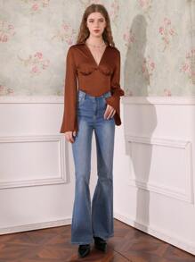 SHEIN MOD Solid Satin Asymmetrical Hem Crop Blouse - Coffee Brown - View 5