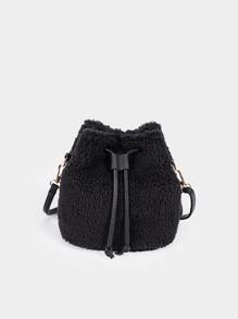 Mini Drawstring Design Fuzzy Bucket Bag - Black - View 1