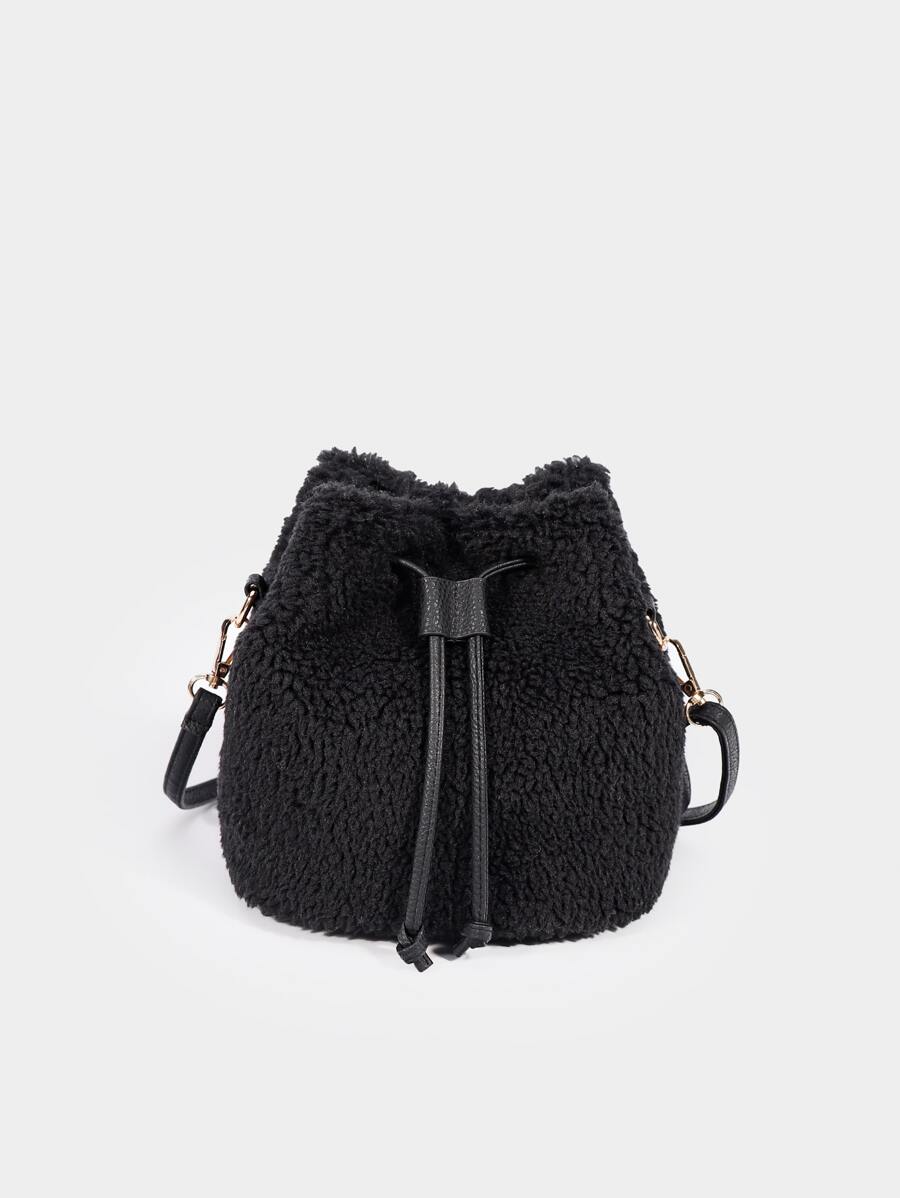Mini Drawstring Design Fuzzy Bucket Bag - Black - View 1