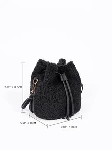 Mini Drawstring Design Fuzzy Bucket Bag - Black - View 2