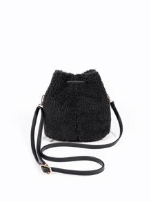 Mini Drawstring Design Fuzzy Bucket Bag - Black - View 5