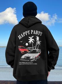 Manfinity Loose Fit Men's Hoodie With Car & Slogan Print, Drop Shoulder And Drawstring Detail - Black - View 4