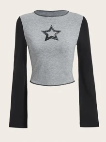 SHEIN ICON Colorblock & Star Print Top Stitching Tee - Multicolor - View 1