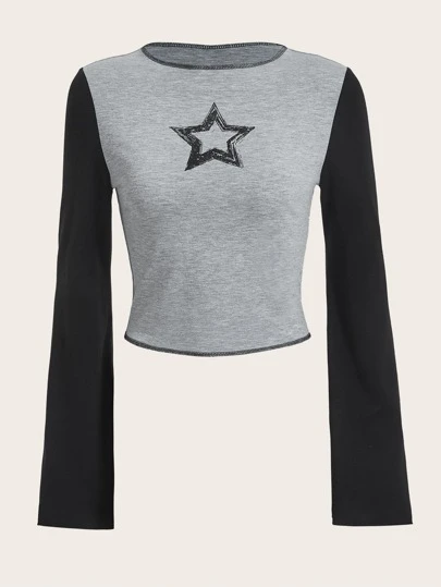 SHEIN ICON 撞色和星星印花頂針T恤