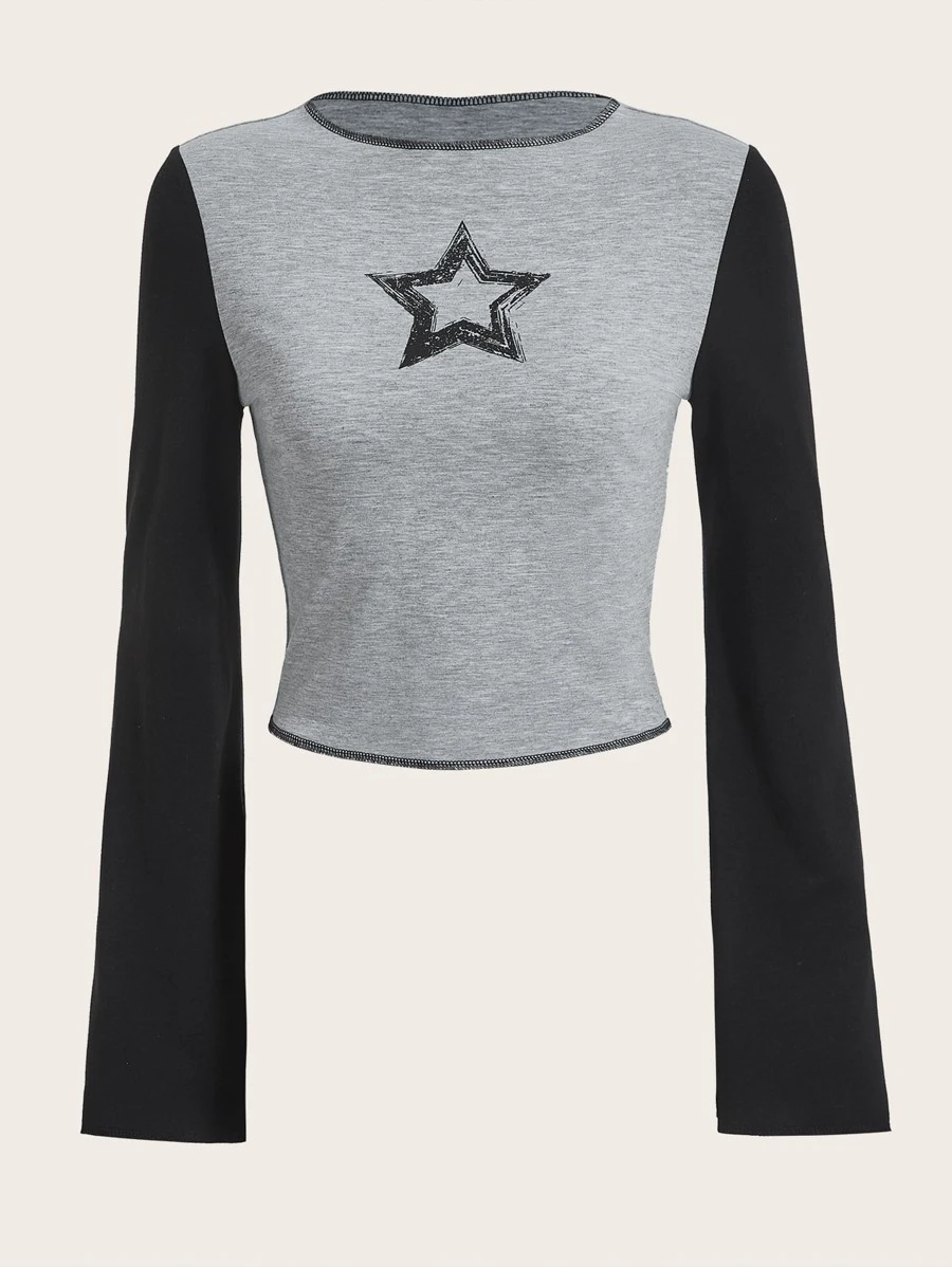 SHEIN ICON Colorblock & Star Print Top Stitching Tee - Multicolor - View 1
